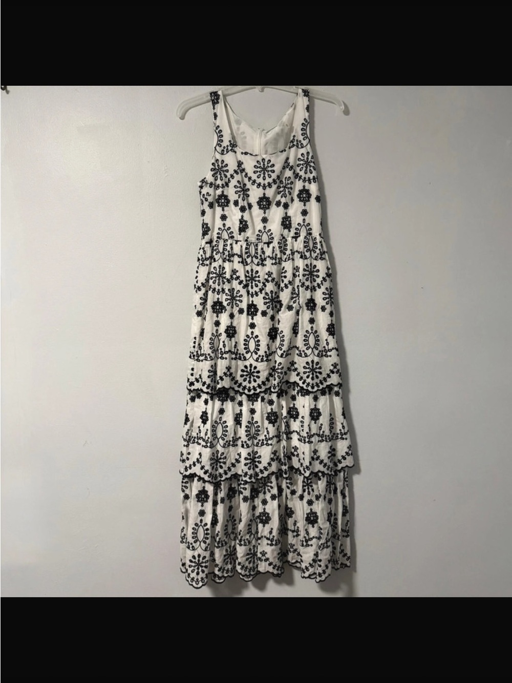 Ellie Tahari White Tiered Maxi Dress with Black Embroidery